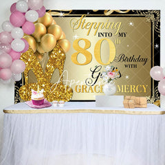 Aperturee - Gold Glitter Heels Stepping into 80th Birthday Backdrop