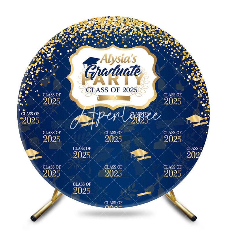 Aperturee - Gold Glitter Navy Blue Round Graduation Party Backdrop