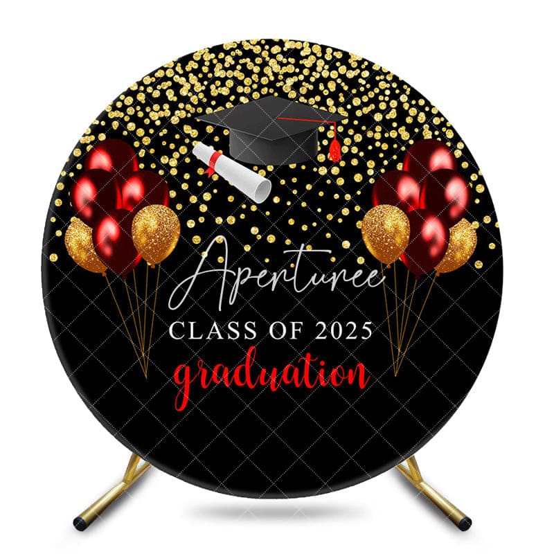 Aperturee - Gold Glitter Purple Balloons Black Round Grad Backdrop