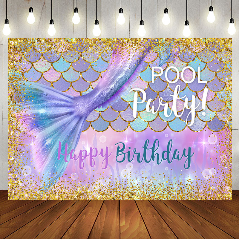 Aperturee - Gold Glitter Purple Mermaid Pool Birthday Party Backdrop