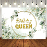 Aperturee - Gold Glitter Queen Green Leave Birthday Backdrop