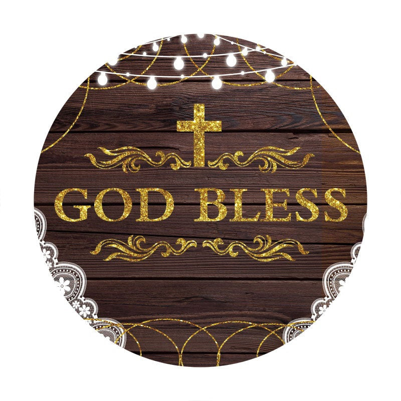 Aperturee - Gold God Bless Round Wood Baby Shower Backdrop