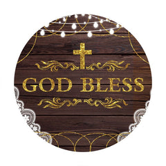 Aperturee - Gold God Bless Round Wood Baby Shower Backdrop