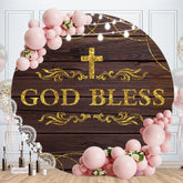 Aperturee - Gold God Bless Round Wood Baby Shower Backdrop