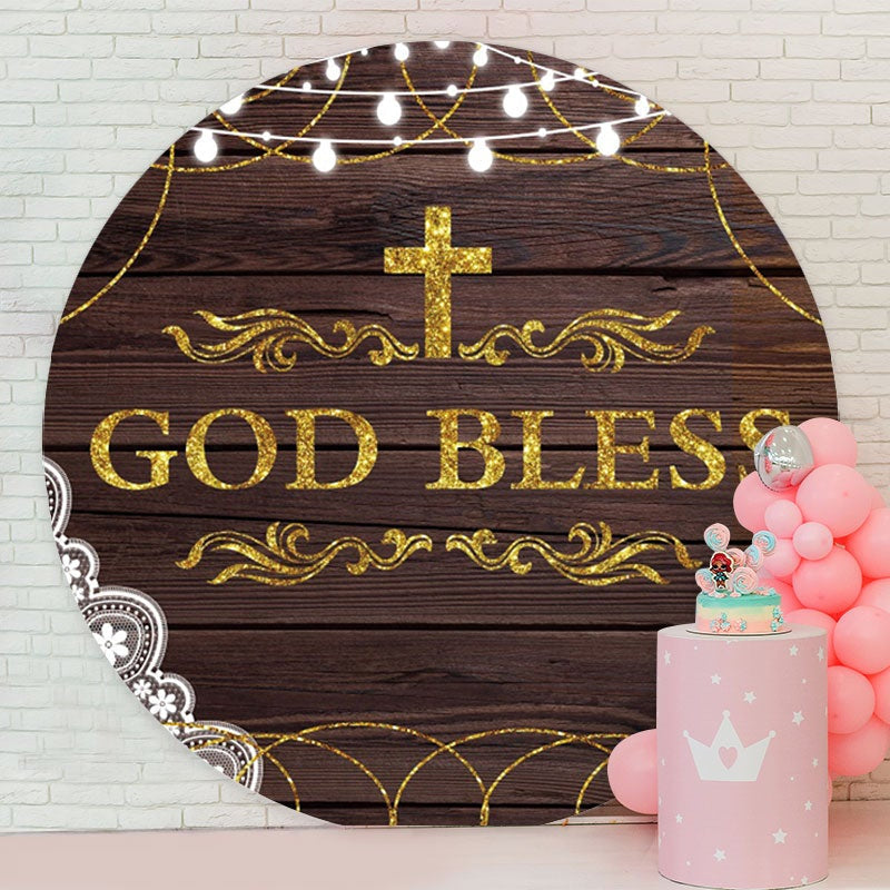 Aperturee - Gold God Bless Round Wood Baby Shower Backdrop