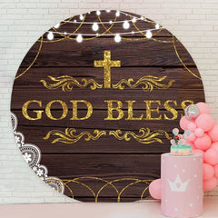 Aperturee - Gold God Bless Round Wood Baby Shower Backdrop