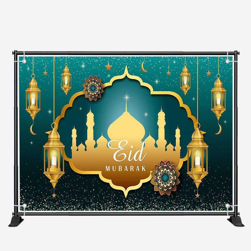 Aperturee - Gold Lantern Palace Turquoise Eid Mubarak Backdrop