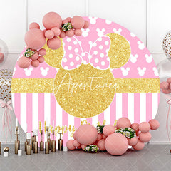 Aperturee Gold Mouse Pink Stripes Round Birthday Backdrop