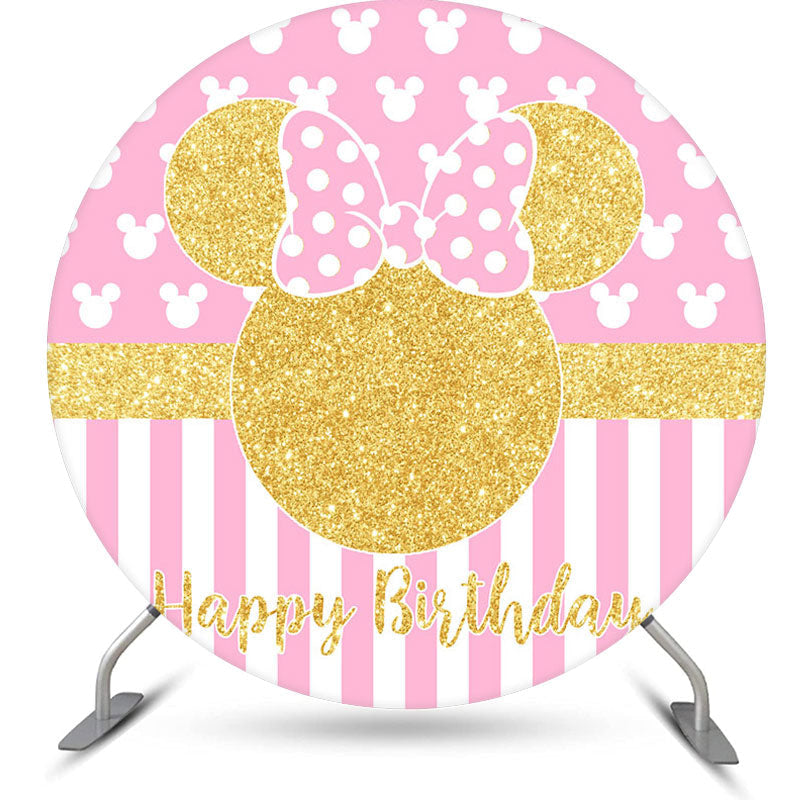 Aperturee Gold Mouse Pink Stripes Round Birthday Backdrop