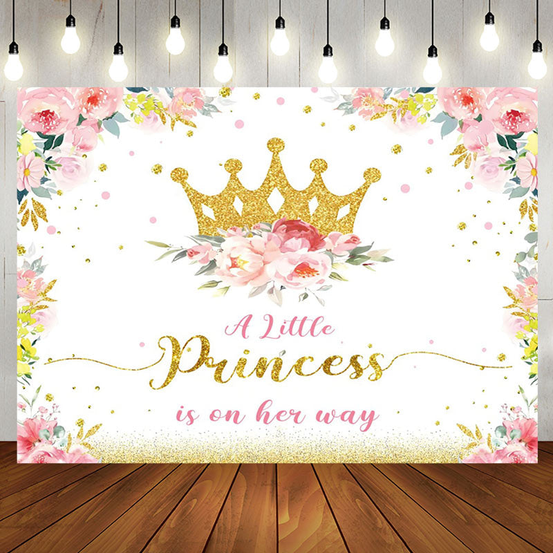 Aperturee - Gold Princess Crown Floral Baby Shower Backdrop