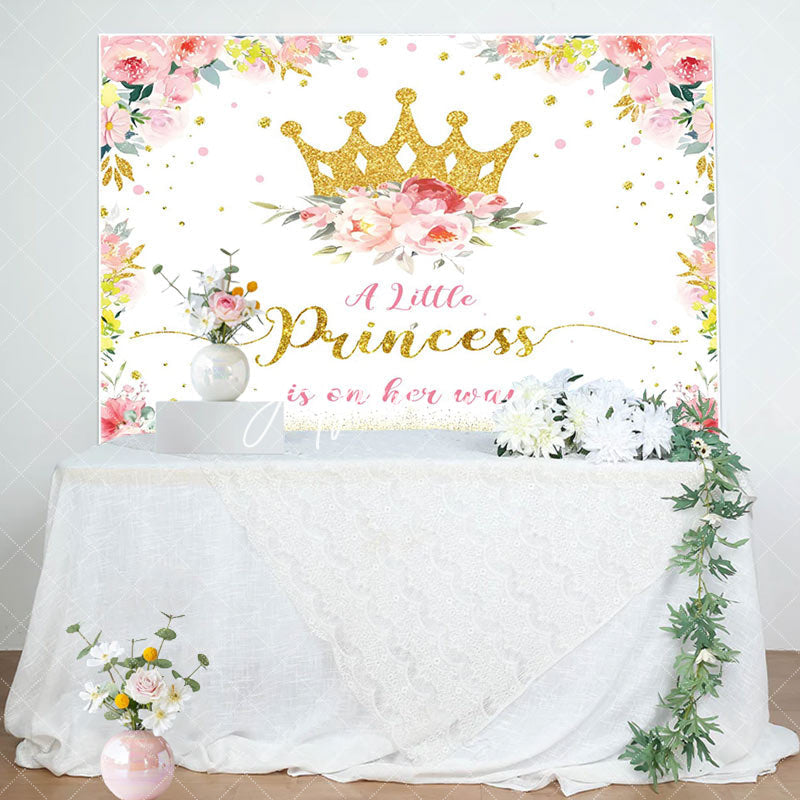 Aperturee - Gold Princess Crown Floral Baby Shower Backdrop