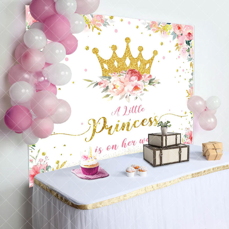 Aperturee - Gold Princess Crown Floral Baby Shower Backdrop
