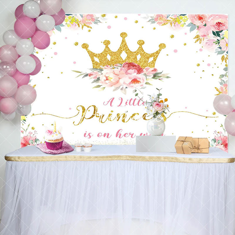Aperturee - Gold Princess Crown Floral Baby Shower Backdrop