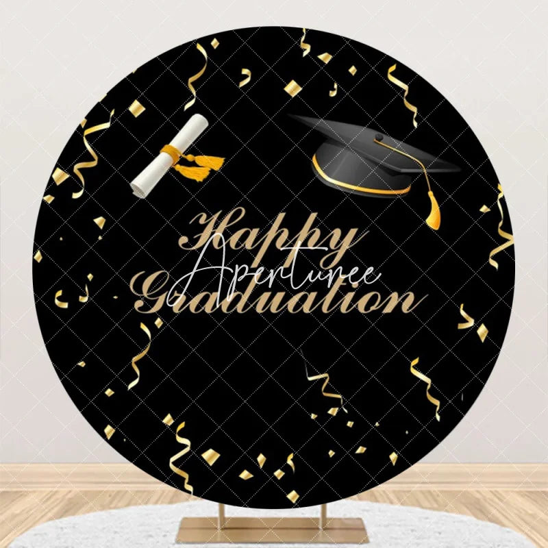 Aperturee - Gold Ribbon Bachelor Cap Black Round Graduation Backdrop