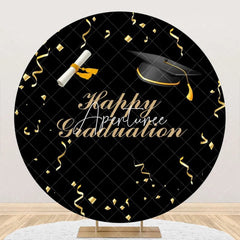 Aperturee - Gold Ribbon Bachelor Cap Black Round Graduation Backdrop