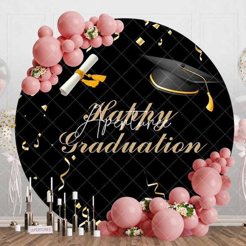 Aperturee - Gold Ribbon Bachelor Cap Black Round Graduation Backdrop