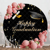 Aperturee - Gold Ribbon Bachelor Cap Black Round Graduation Backdrop