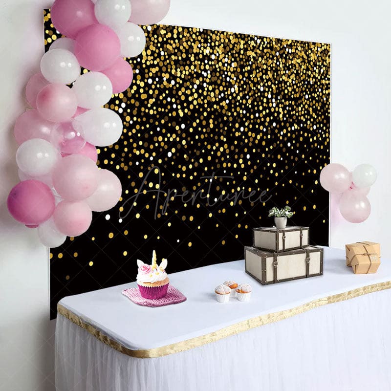 Aperturee - Gold Sequin Glitter Black Happy Birthday Backdrop