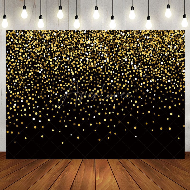 Aperturee - Gold Sequin Glitter Black Happy Birthday Backdrop