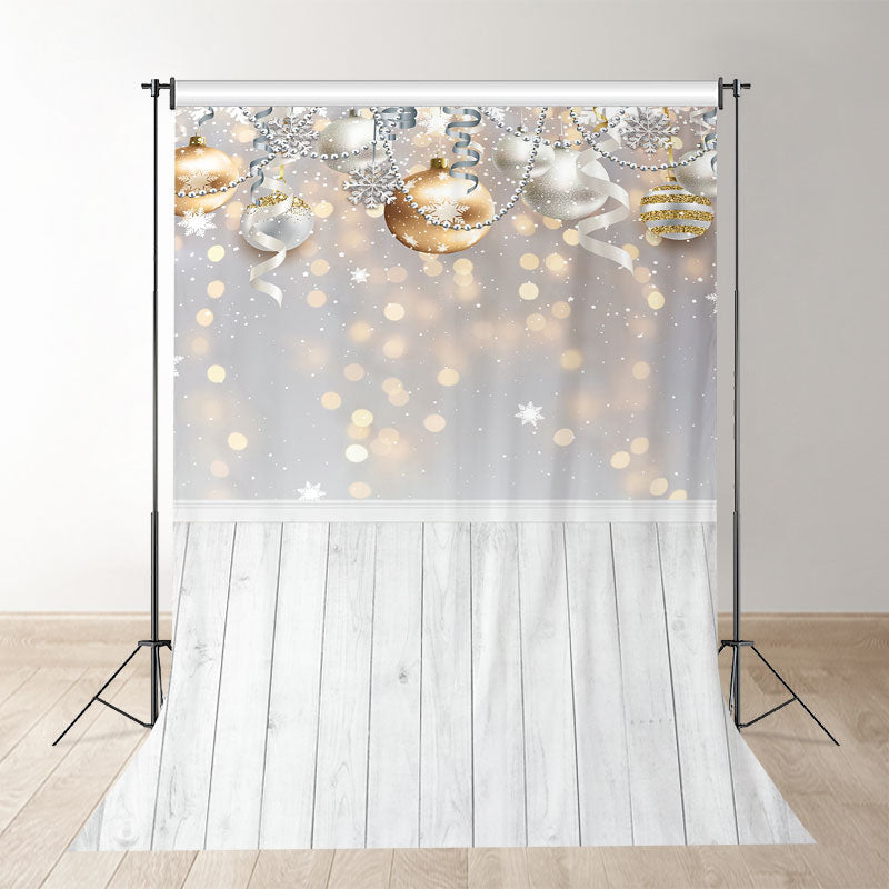 Aperturee - Gold Silver Ball Ribbon With Wood Christmas Backdrop