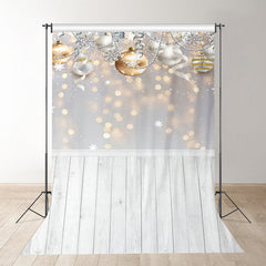 Aperturee - Gold Silver Ball Ribbon With Wood Christmas Backdrop