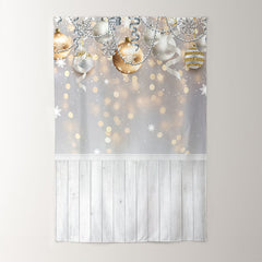 Aperturee - Gold Silver Ball Ribbon With Wood Christmas Backdrop