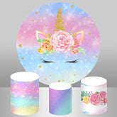 Aperturee Gold Star Glitter Pink Unicorn Round Birthday Backdrop