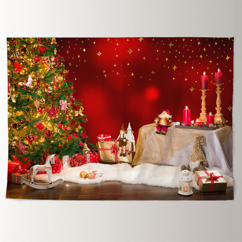 Aperturee - Gold Star Tree Santa Red Bokeh Christmas Backdrop
