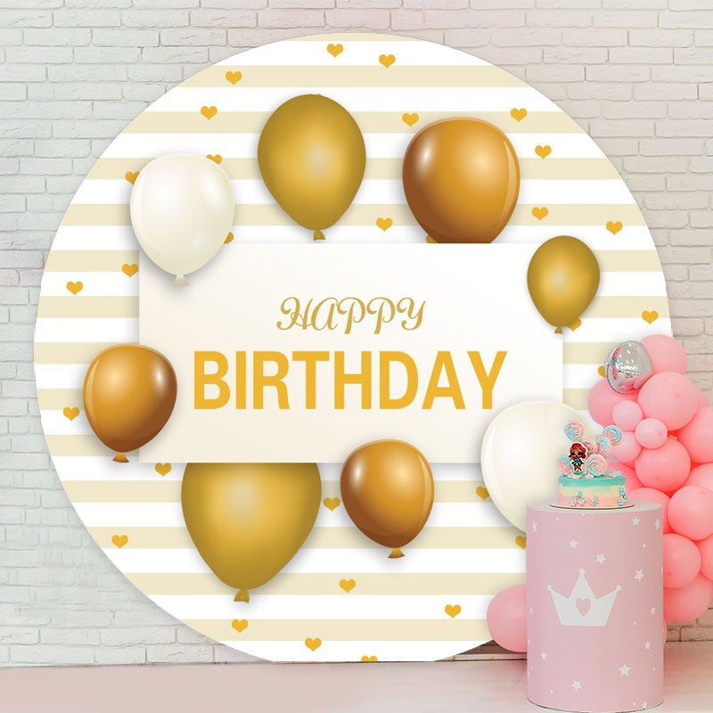 Aperturee - Gold With White Ballons Round Happy Birthday Backdrop