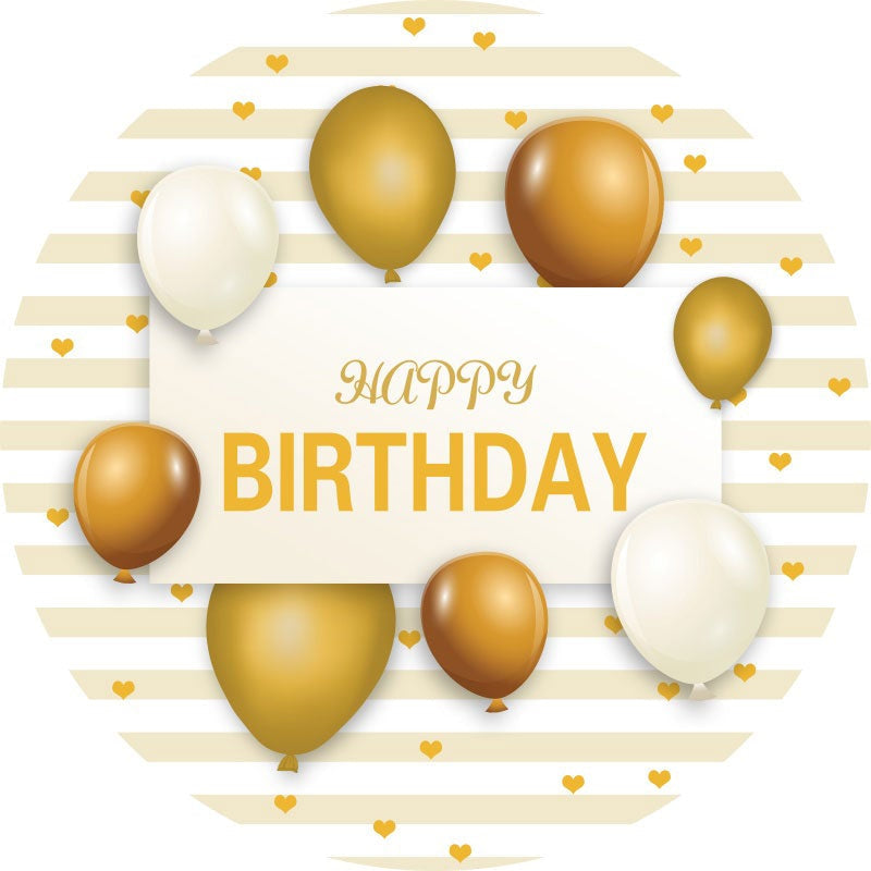 Aperturee - Gold With White Ballons Round Happy Birthday Backdrop
