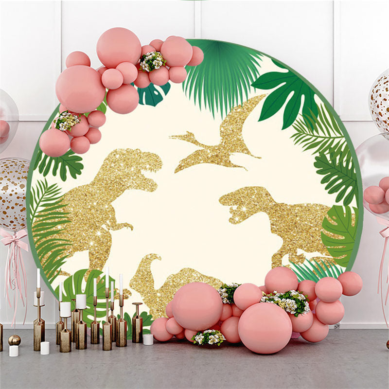 Aperturee Golden Dinosaur Leaves Happy Birthday Round Backdrop