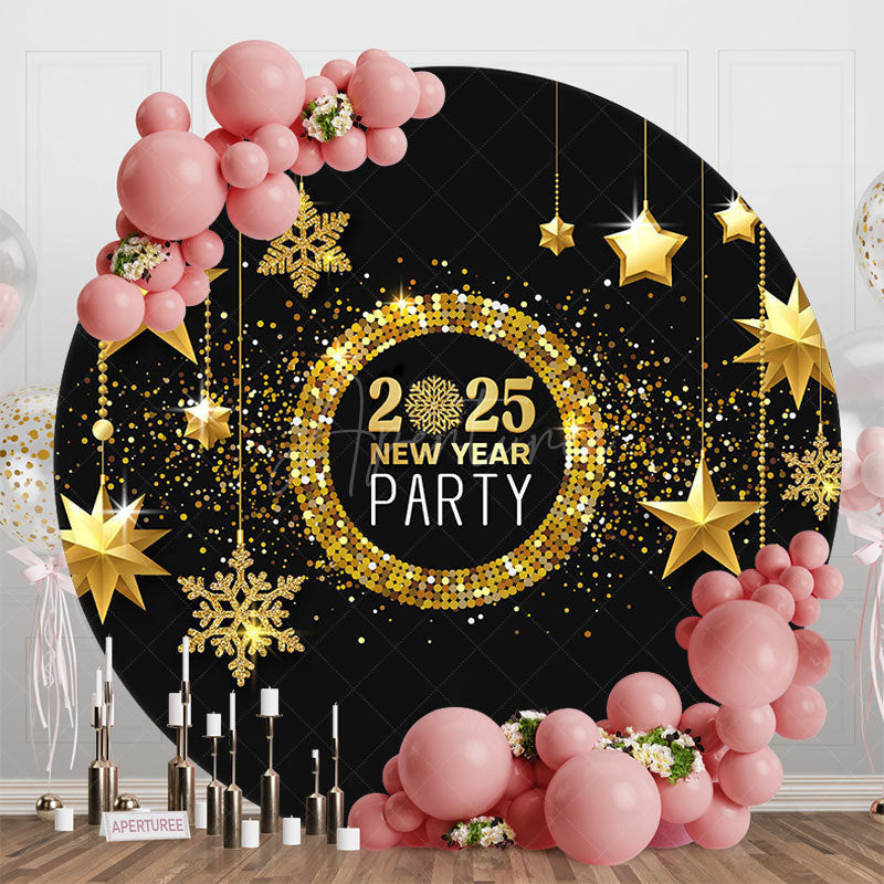 Aperturee - Golden Five Pointed Star Happy New Year Round Backdrop
