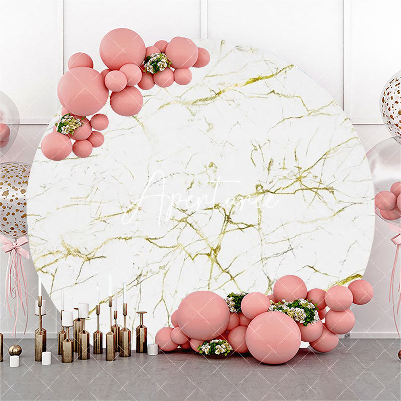 Aperturee - Golden White Marble Texture Round Birthday Backdrop