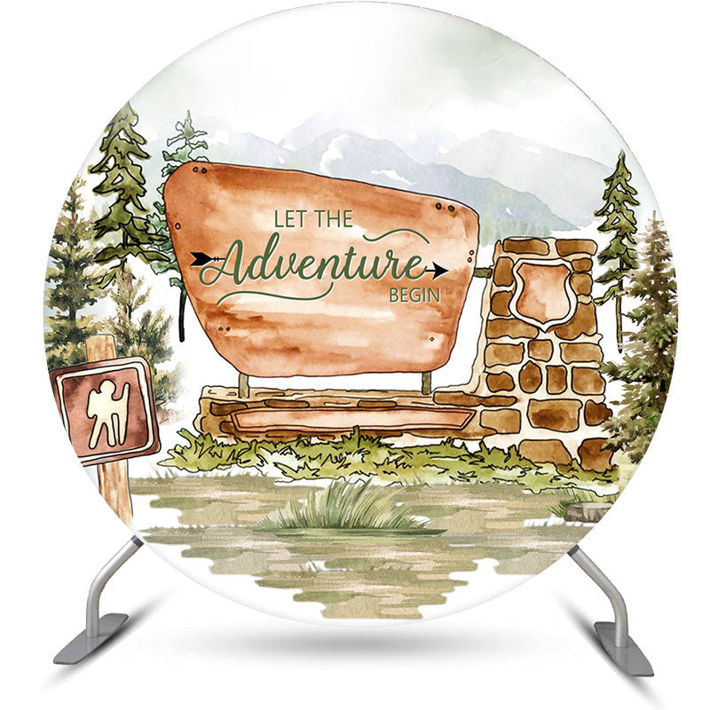 Aperturee - Grass Tree Mountains Round Baby Shower Backdrop