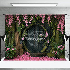 Aperturee - Gray Wooden Door Tree Pink Flowers Photo Backdrop