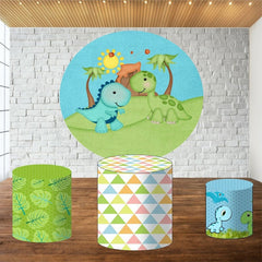 Aperturee Green And Cyan Dinosaur Round Birthday Party Backdrop