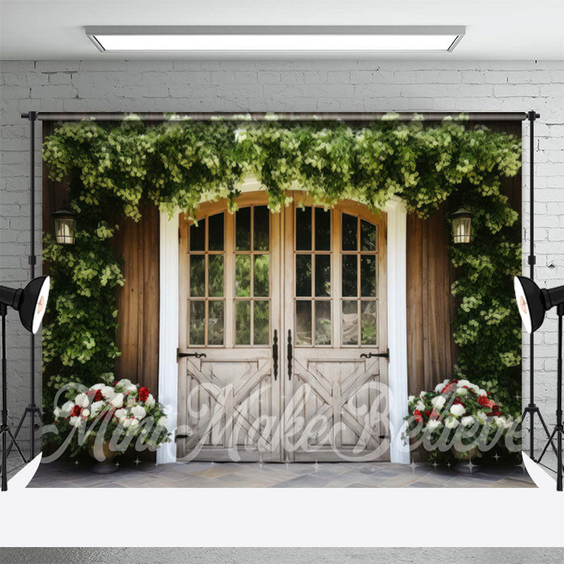 Aperturee - Green Creeper Plants Wooden Door Spring Backdrop