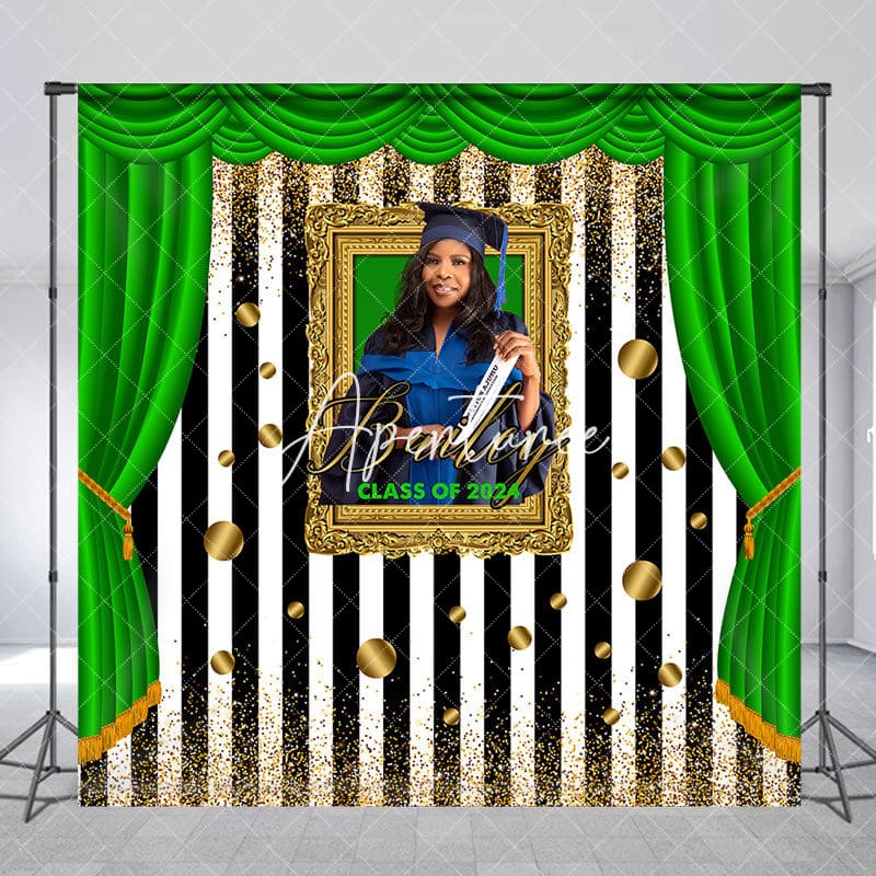 Aperturee - Green Curtain Frame Stripe Custom Graduation Backdrop