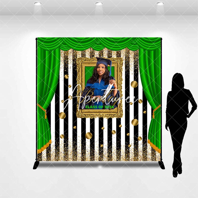 Aperturee - Green Curtain Frame Stripe Custom Graduation Backdrop