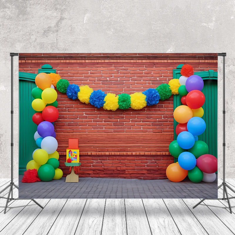 Aperturee - Green Door Colorful Balloons Red Brick Backdrop