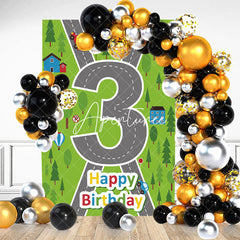 Aperturee - Green Forest Cross Road Happy 3rd Birthday Backdrop