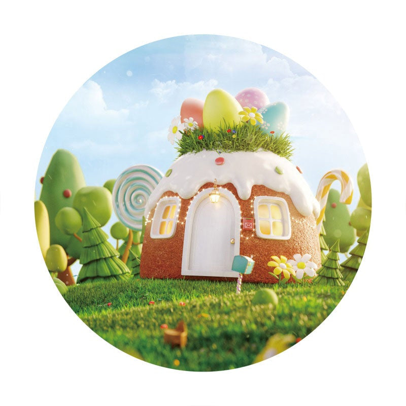 Aperturee - Green Glassland And House Round Birthday Backdrop