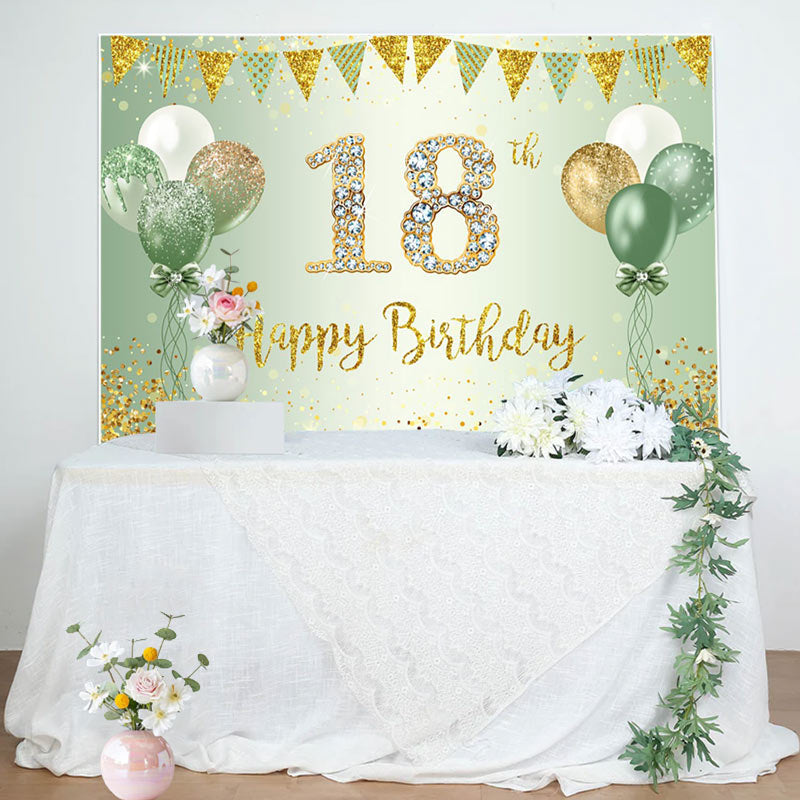 Aperturee - Green Glitter Balloon Flag 18th Birthday Backdrop