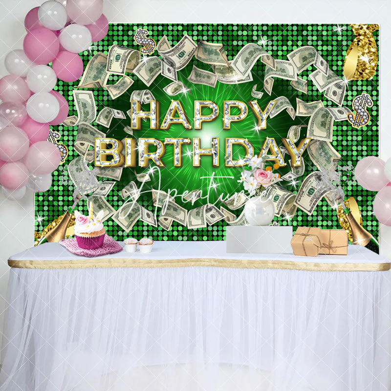 Aperturee - Green Gold Diamond Dollar Cash Happy Birthday Backdrop