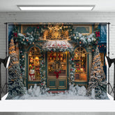 Aperturee - Green Gold Store Door Snow Trees Christmas Backdrop