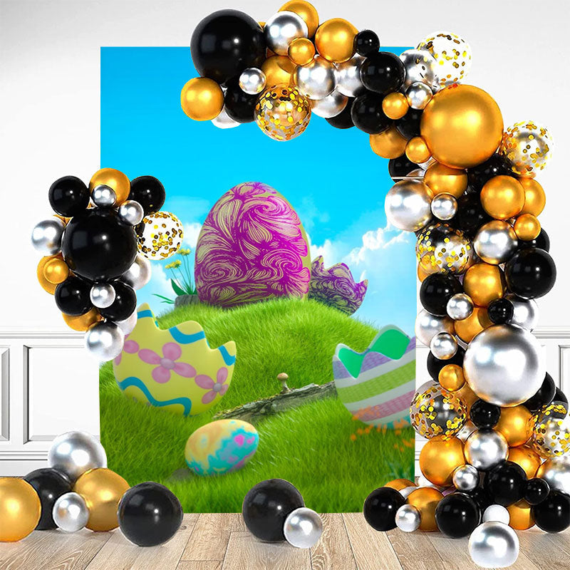 Aperturee - Green Grass Colored Eggs Blue Sky Birthday Backdrop