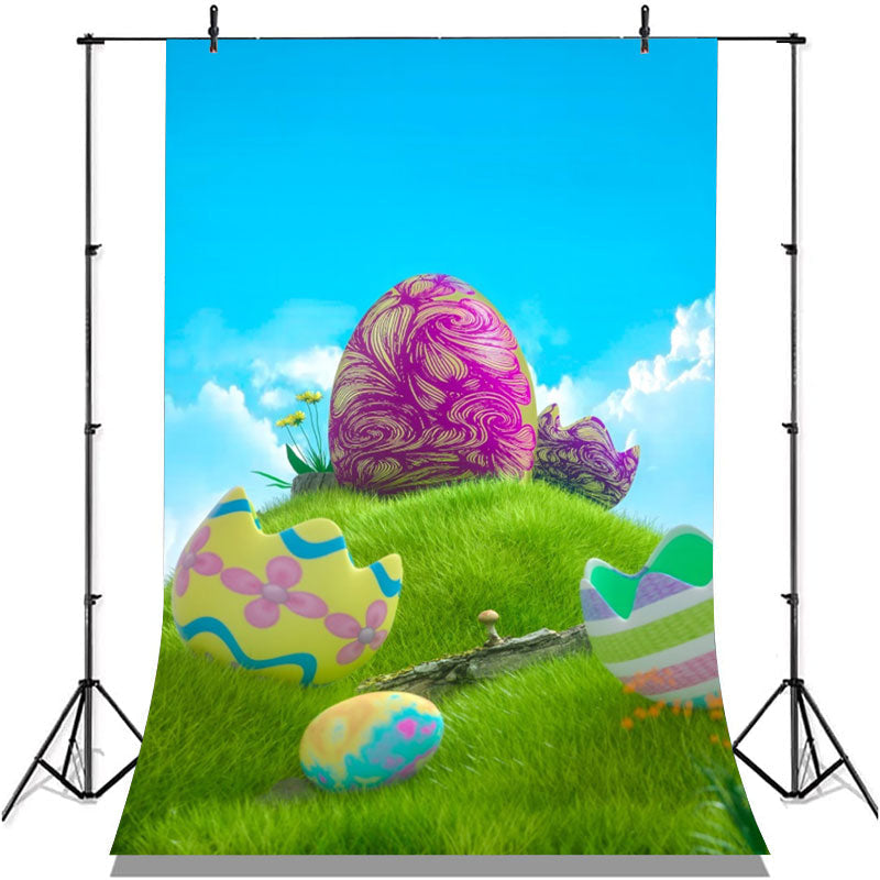 Aperturee - Green Grass Colored Eggs Blue Sky Birthday Backdrop