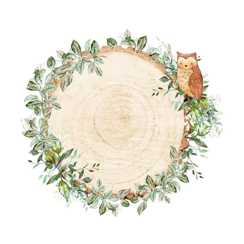 Aperturee - Green Leave And Owl Round Wooden Backdrop For Birthday