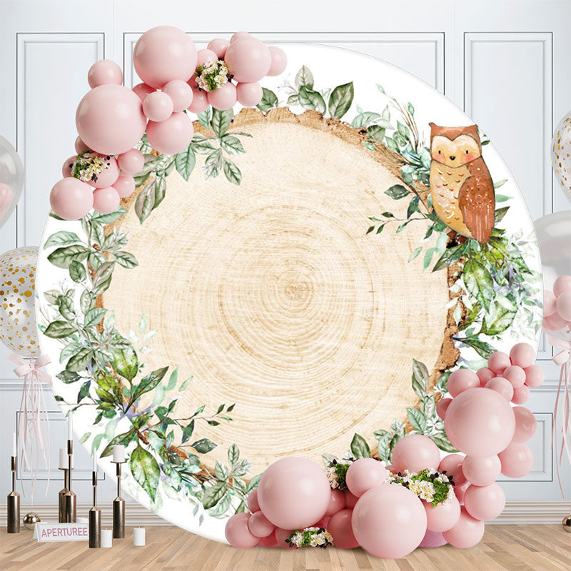 Aperturee - Green Leave And Owl Round Wooden Backdrop For Birthday