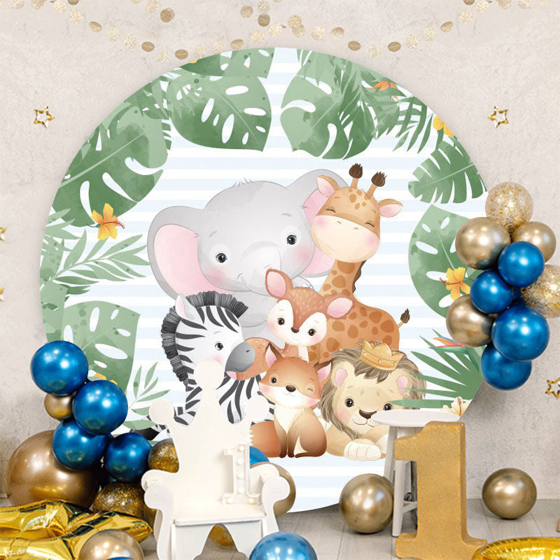 Aperturee - Green Leaves And Animals Round Baby Shower Backdrop